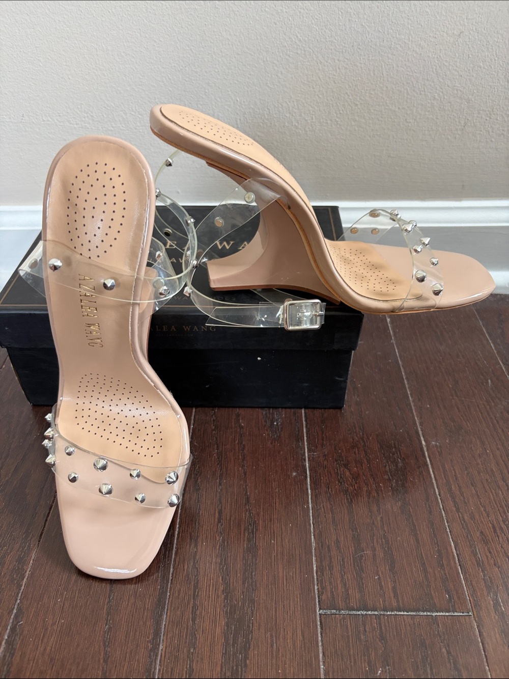 Opulent Clear Azalea Wang Studded Sandals in Nude- New 8.5